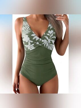 Olive Green Floral Surplice One-Piece Swimsuit - Brand: